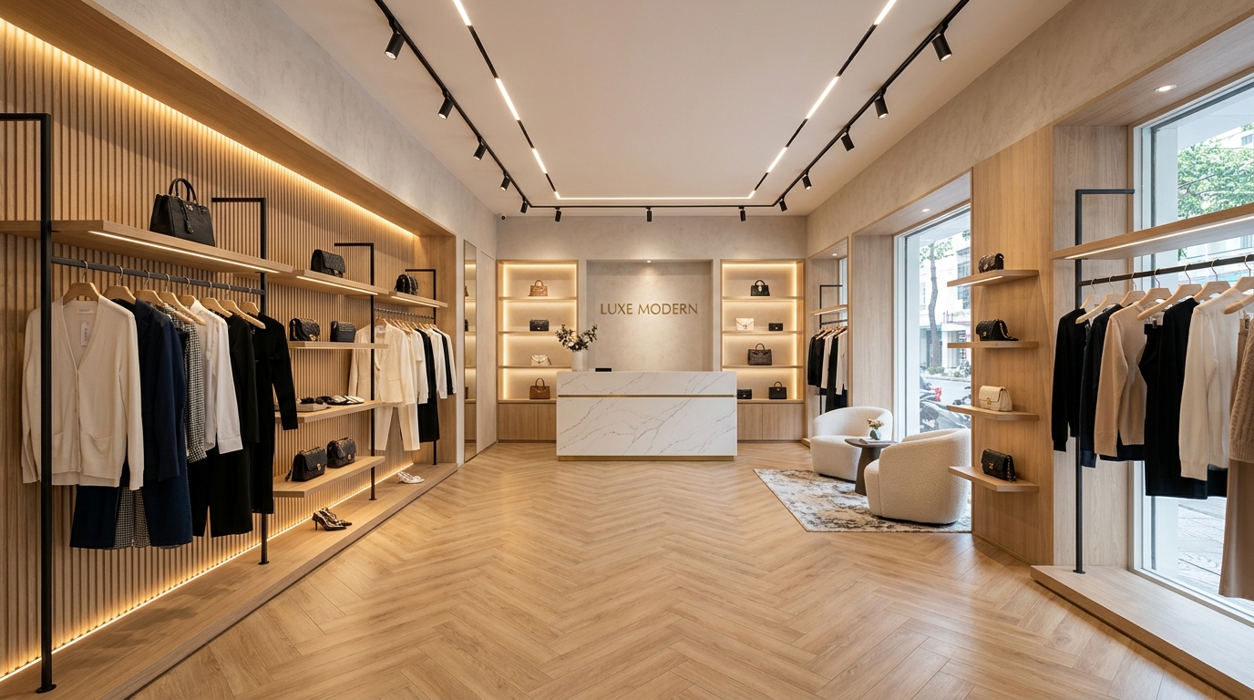 Thi Công Shop Trọn Gói 2026: Báo Giá Chi Tiết Theo m2, Bàn Giao Thần Tốc - DrHouse Phối cảnh 3D hoàn thiện nội thất shop thời trang cao cấp ánh sáng CRI 90
