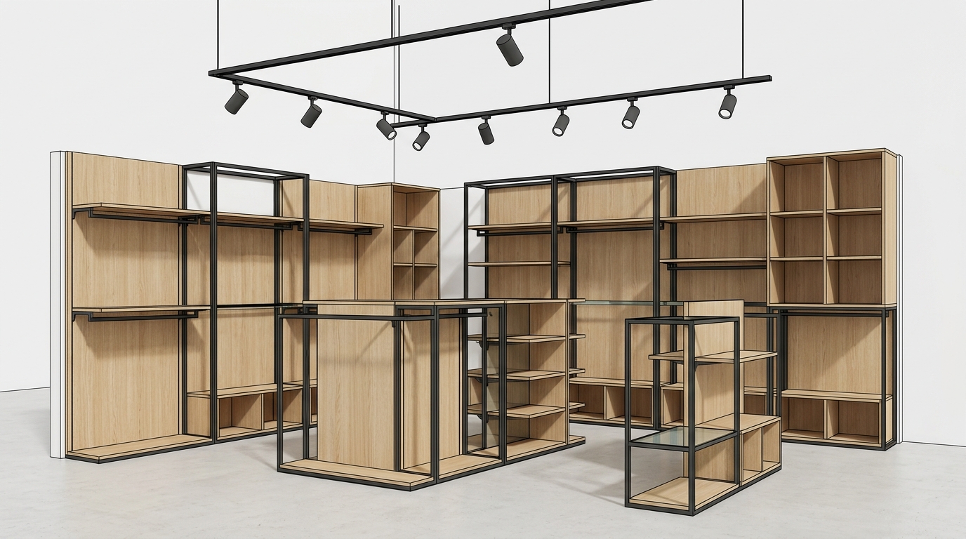 Thi Công Shop Trọn Gói 2026: Báo Giá Chi Tiết Theo m2, Bàn Giao Thần Tốc - DrHouse Mô hình 3D SketchUp kết cấu tủ kệ trưng bày shop khung sắt sơn tĩnh điện