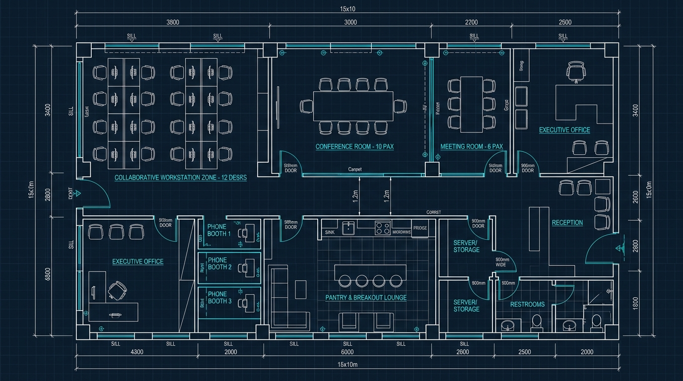 Bản vẽ mặt bằng bố trí kỹ thuật cải tạo văn phòng cũ 150m2 AutoCAD