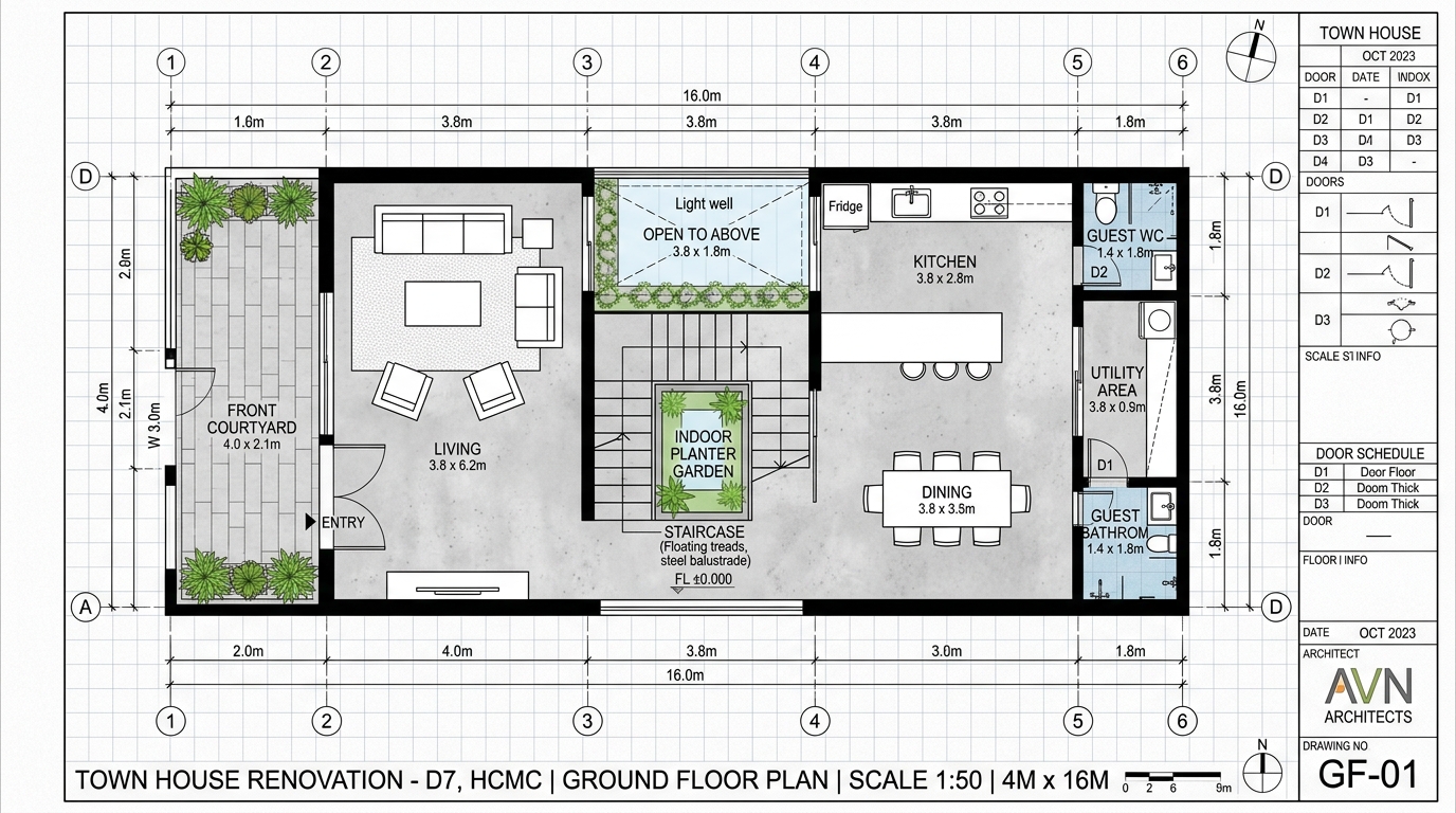 Bản vẽ CAD mặt bằng cải tạo phân chia công năng nhà phố Quận 7 chuyên nghiệp