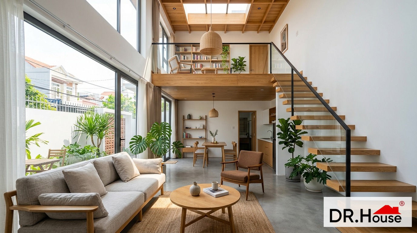 Không gian phòng khách nhà cấp 4 gác lửng 200 triệu hiện đại thoáng đãng thi công bởi Dr.House