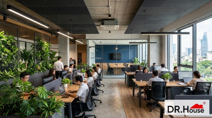Chi phí thi công văn phòng 100m2 trọn gói hiện đại 2026 - Dr.House