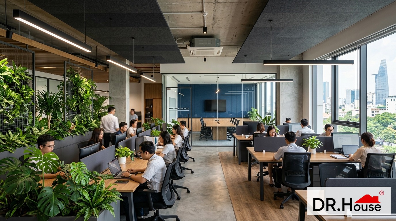 Chi phí thi công văn phòng 100m2 trọn gói hiện đại 2026 - Dr.House