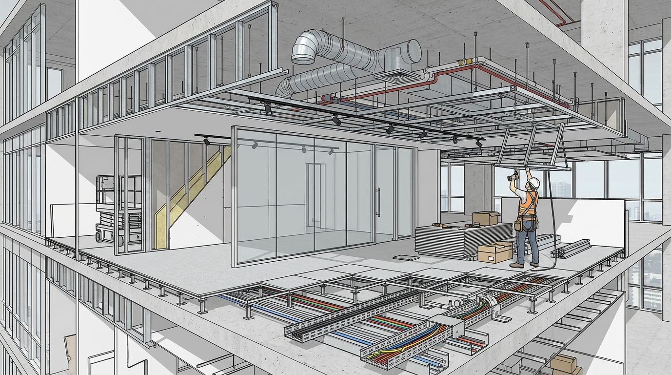 Mô hình 3D SketchUp bóc tách kỹ thuật thi công trần vách M&E cải tạo văn phòng