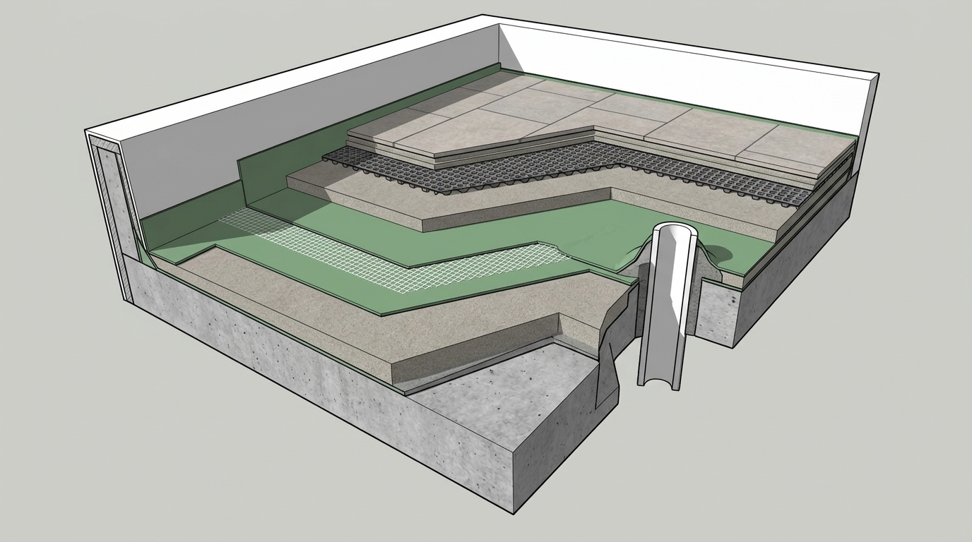 Mô hình 3D SketchUp bóc tách đa tầng vật liệu chống thấm sân thượng