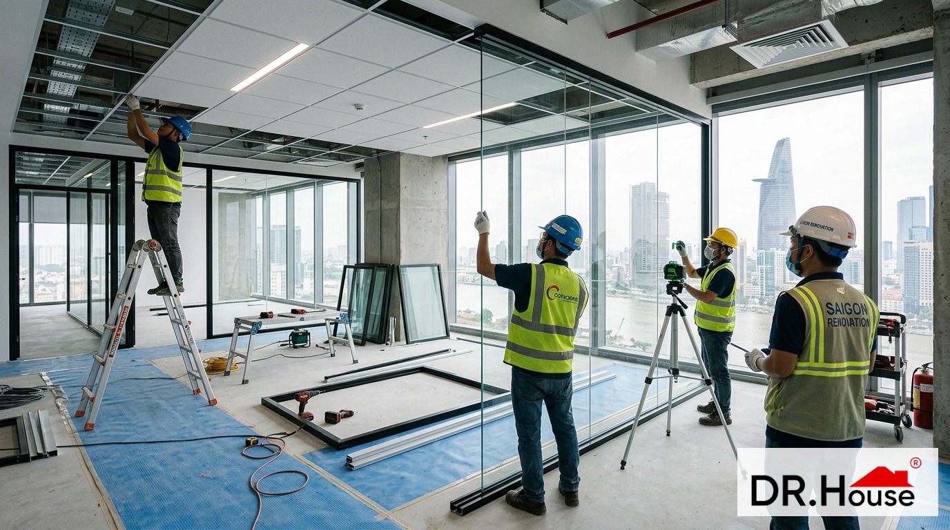 Thi công cải tạo văn phòng cao ốc quận 1 tiêu chuẩn BQL - Dr.House